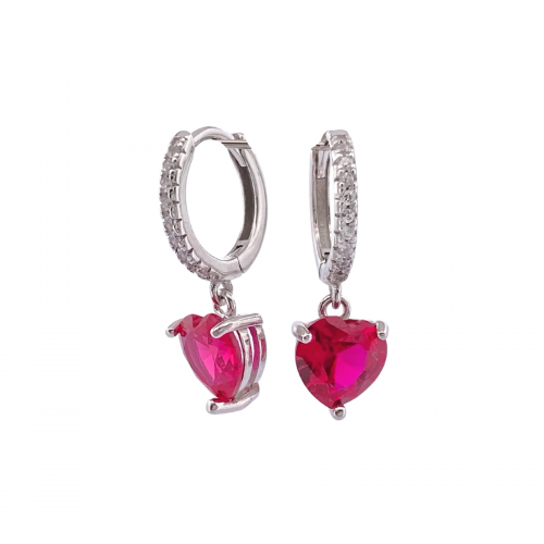 Orecchini pendenti argento con piccolo cerchio con zirconi e pendente a forma di cuore con zircone rubino